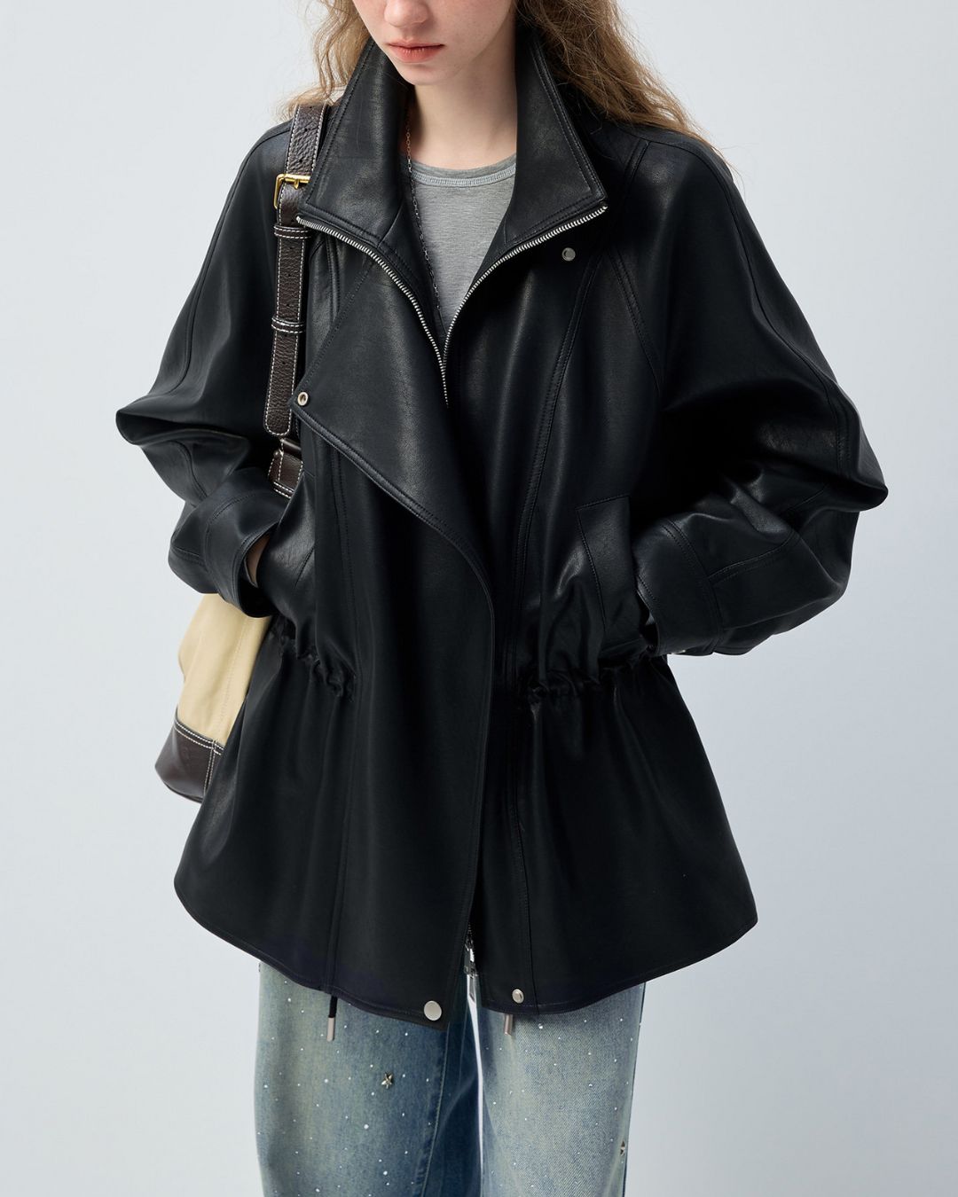 Drawstring Waist Mid-length Leather Jacket　JK086