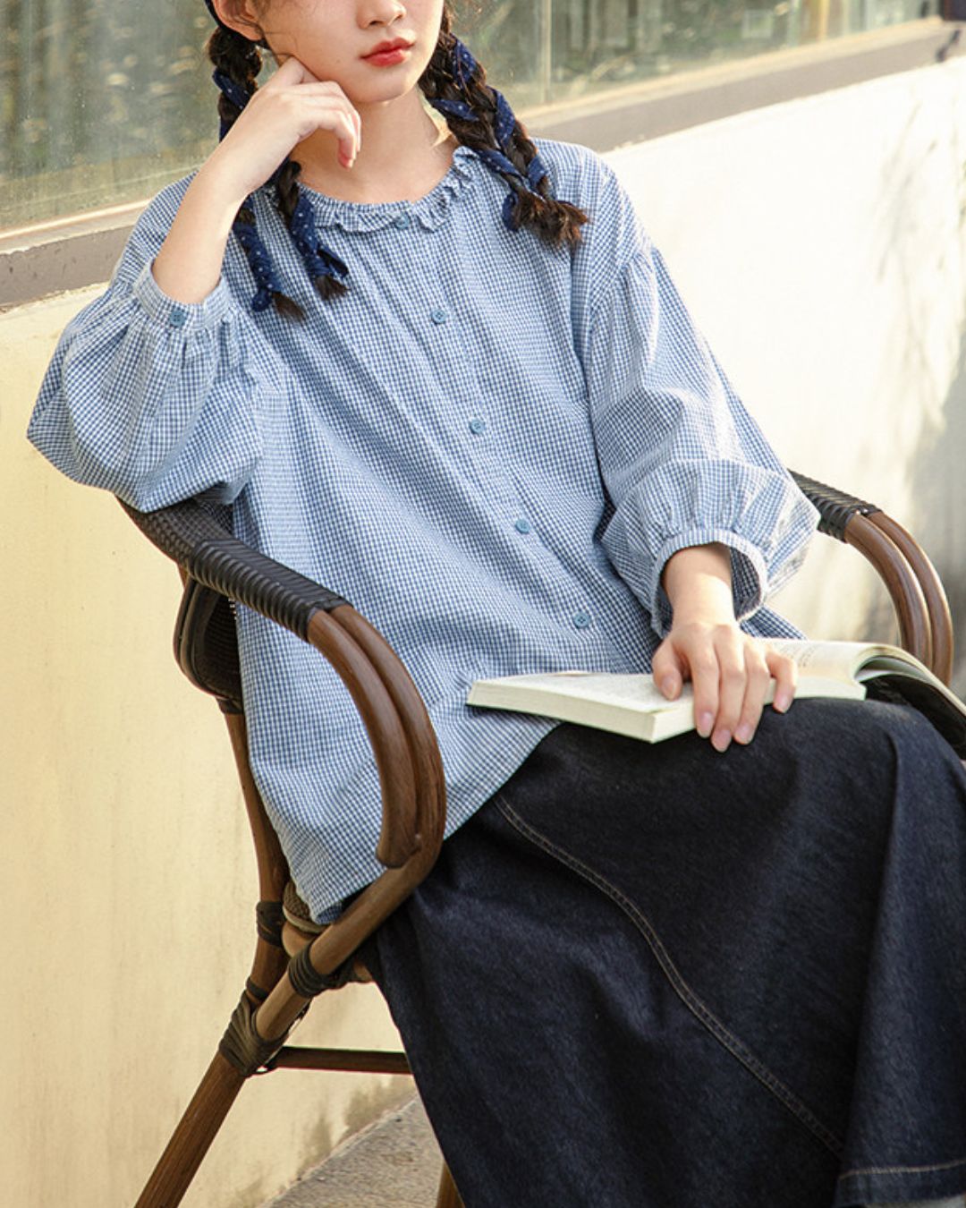 Frilled Collar Gingham Check Shirt　LS060