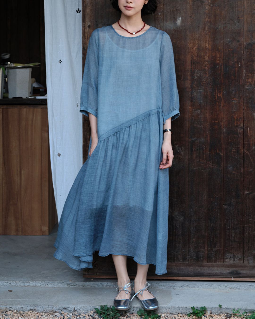 Ramie Drawstring A-Line Dress　OP005
