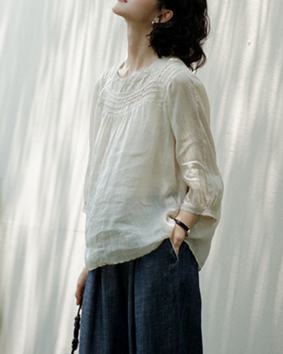 Lace Square Neck Ramie Shirt　LS062