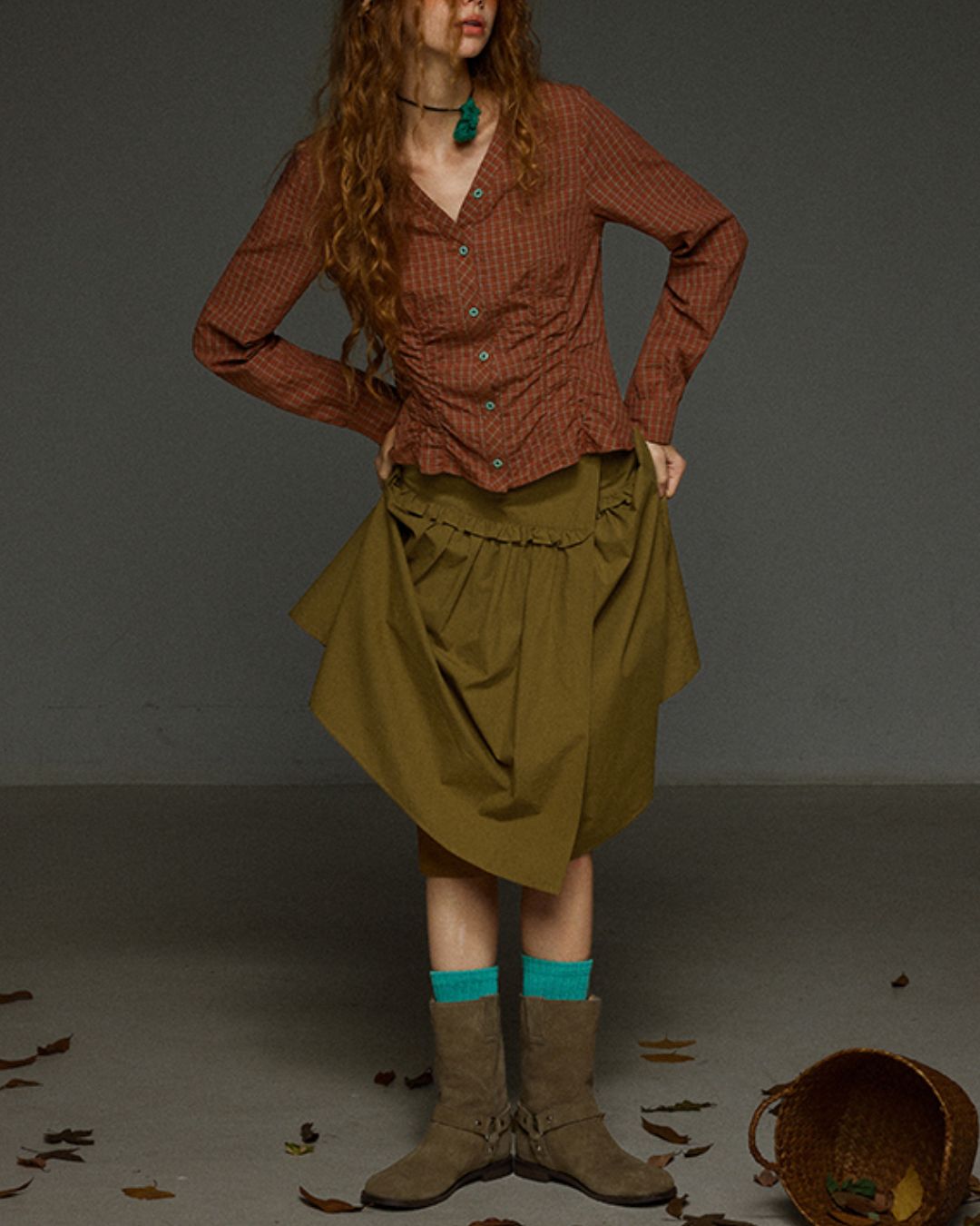 Check V-neck Shirred Shirt　LS028