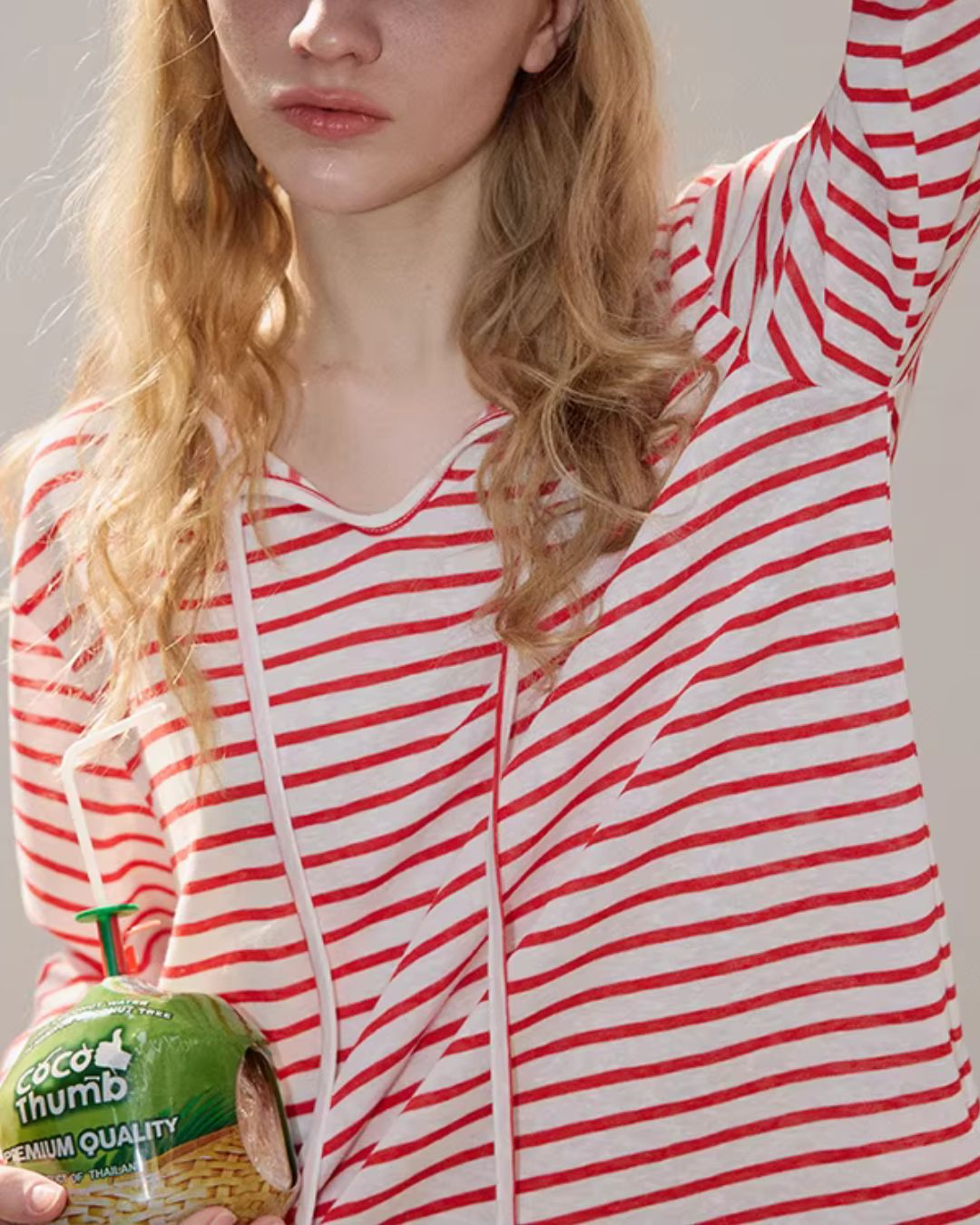 Drawstring V-neck Border T-shirt　LT027