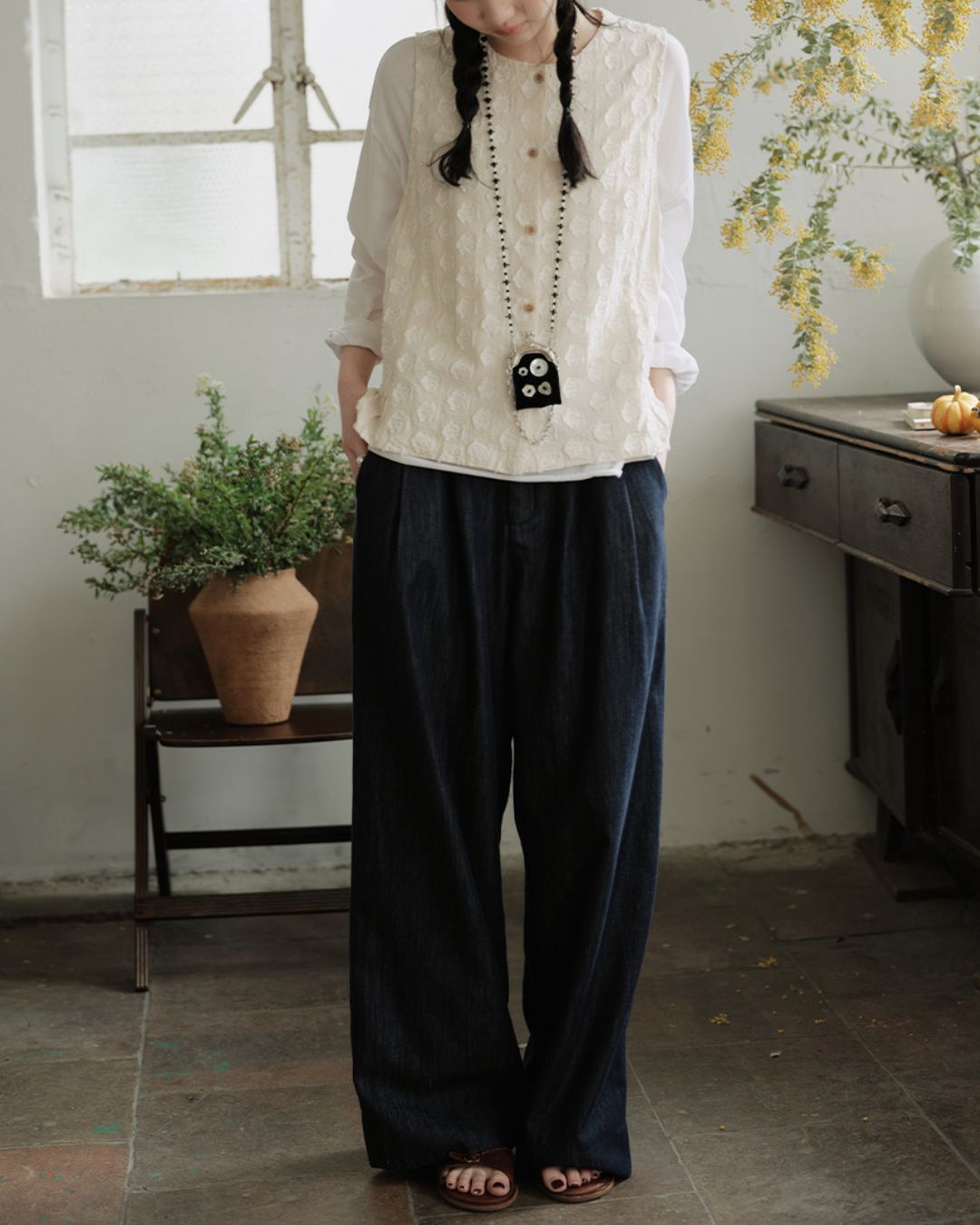 Cotton Linen Jacquard Peplum Vest　VT017
