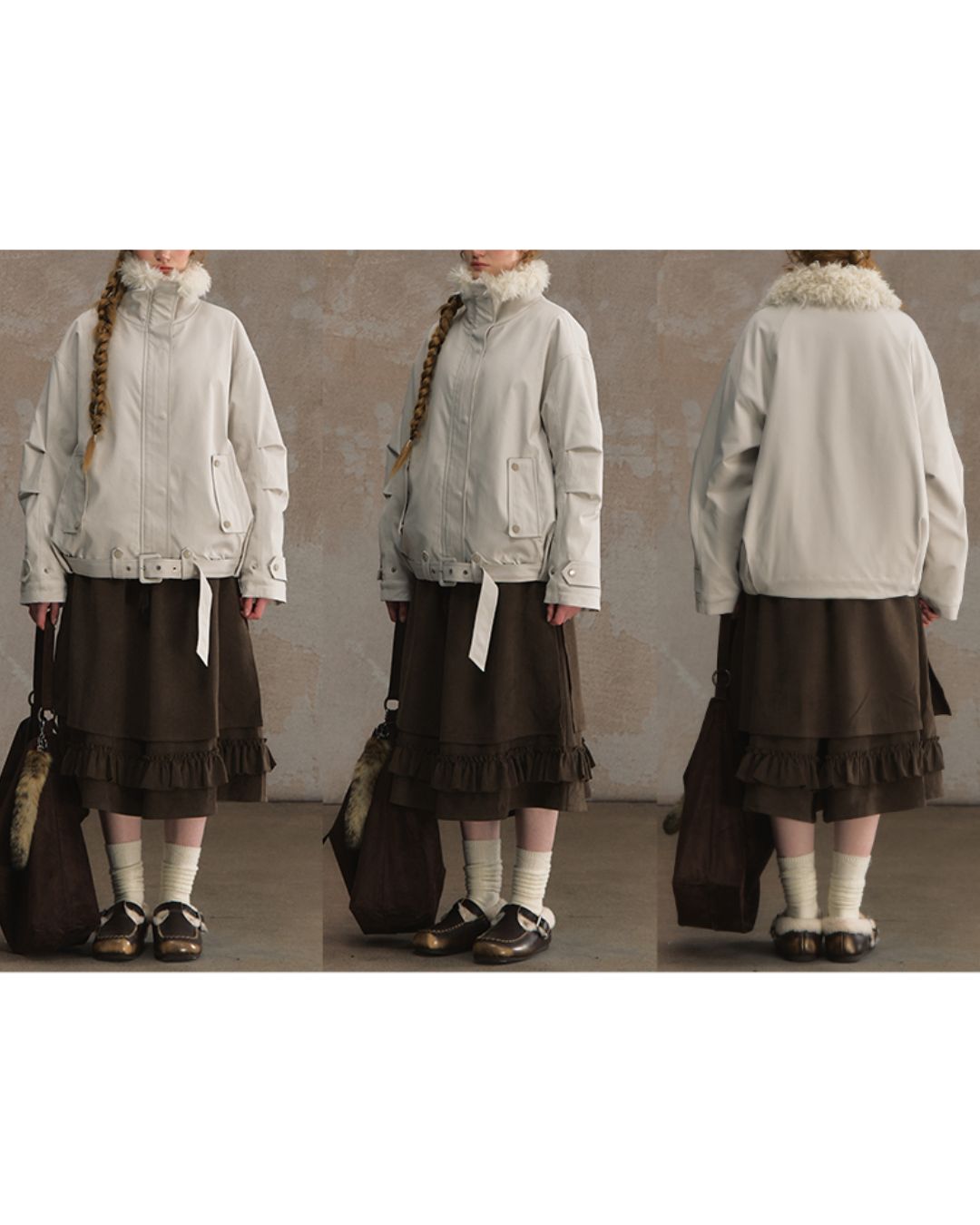 Belted Fur-lined Twill Jacket　JK064