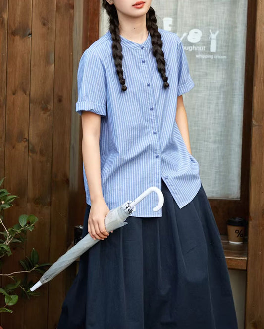 Linen-cotton Band Collar Striped Shirt　SS004