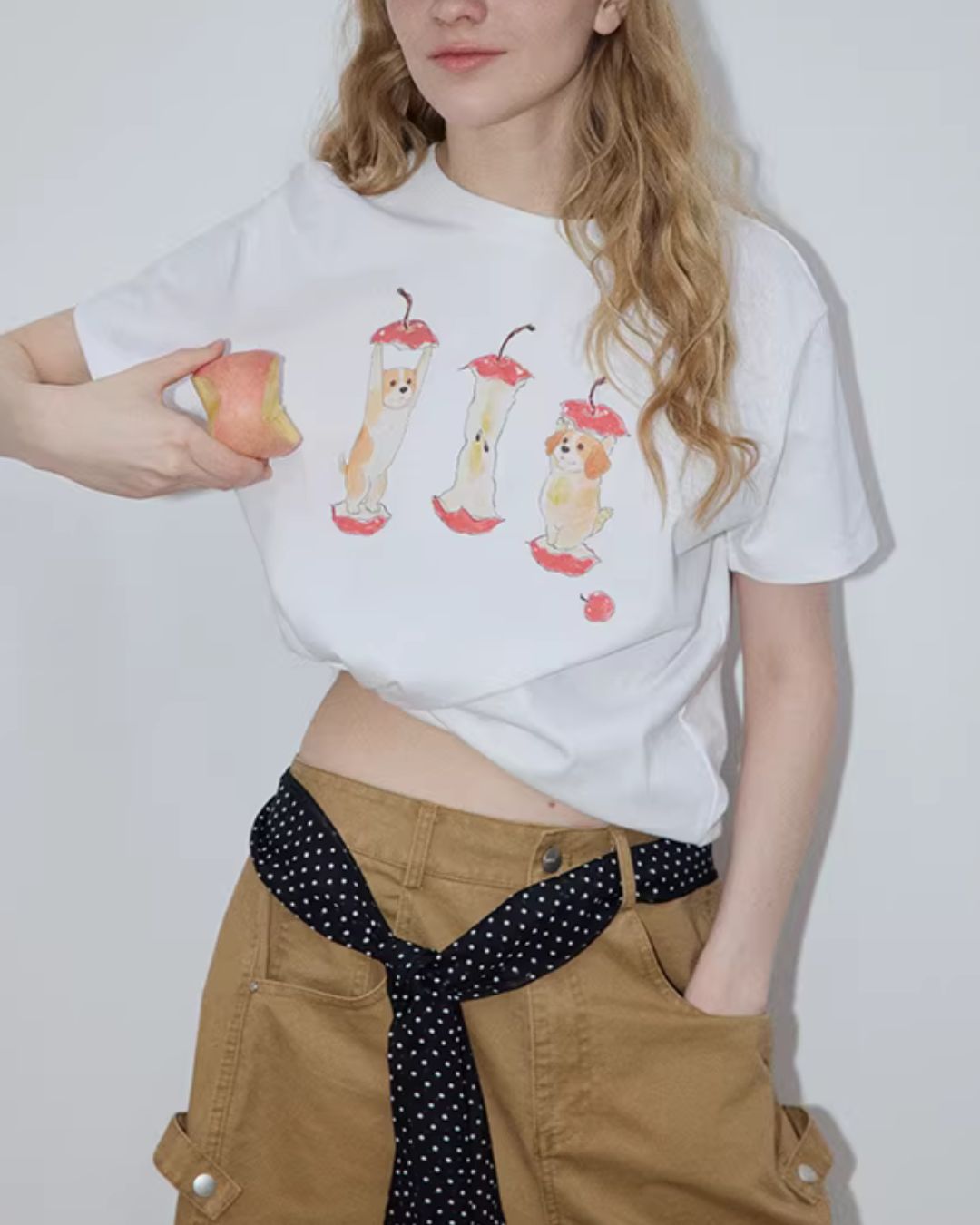 Puppy & Apple Print T-Shirt　ST006