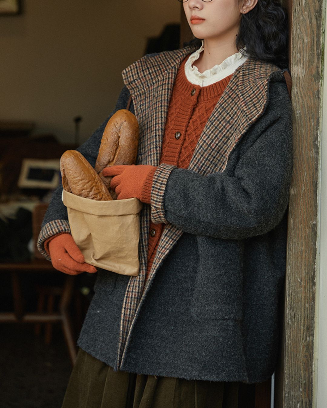 Checked Lined Wool Hooded Coat　CT017