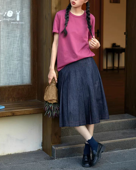 Pleated Midi Denim Skirt　SK024