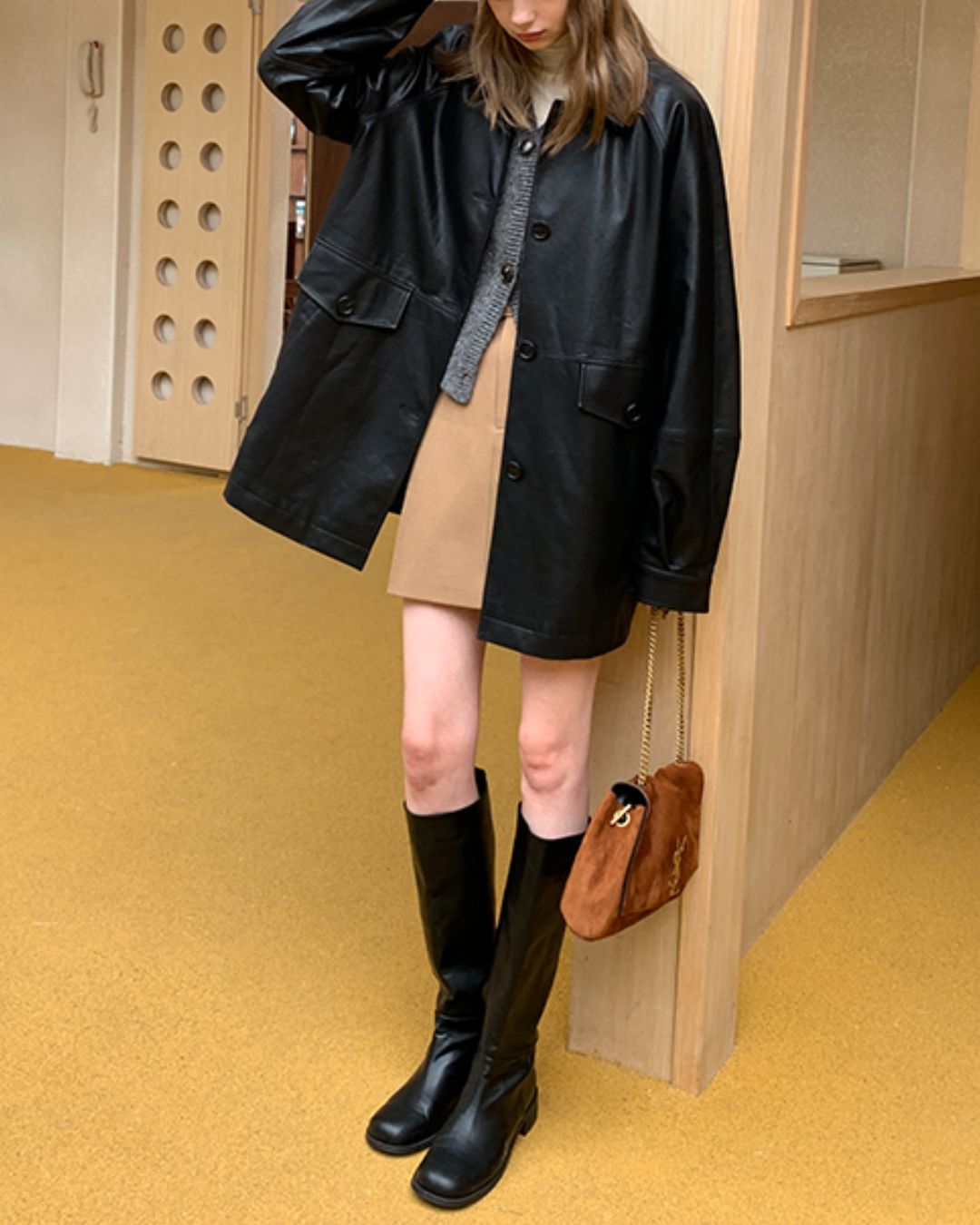 Mid-length Collared Leather Jacket　JK036