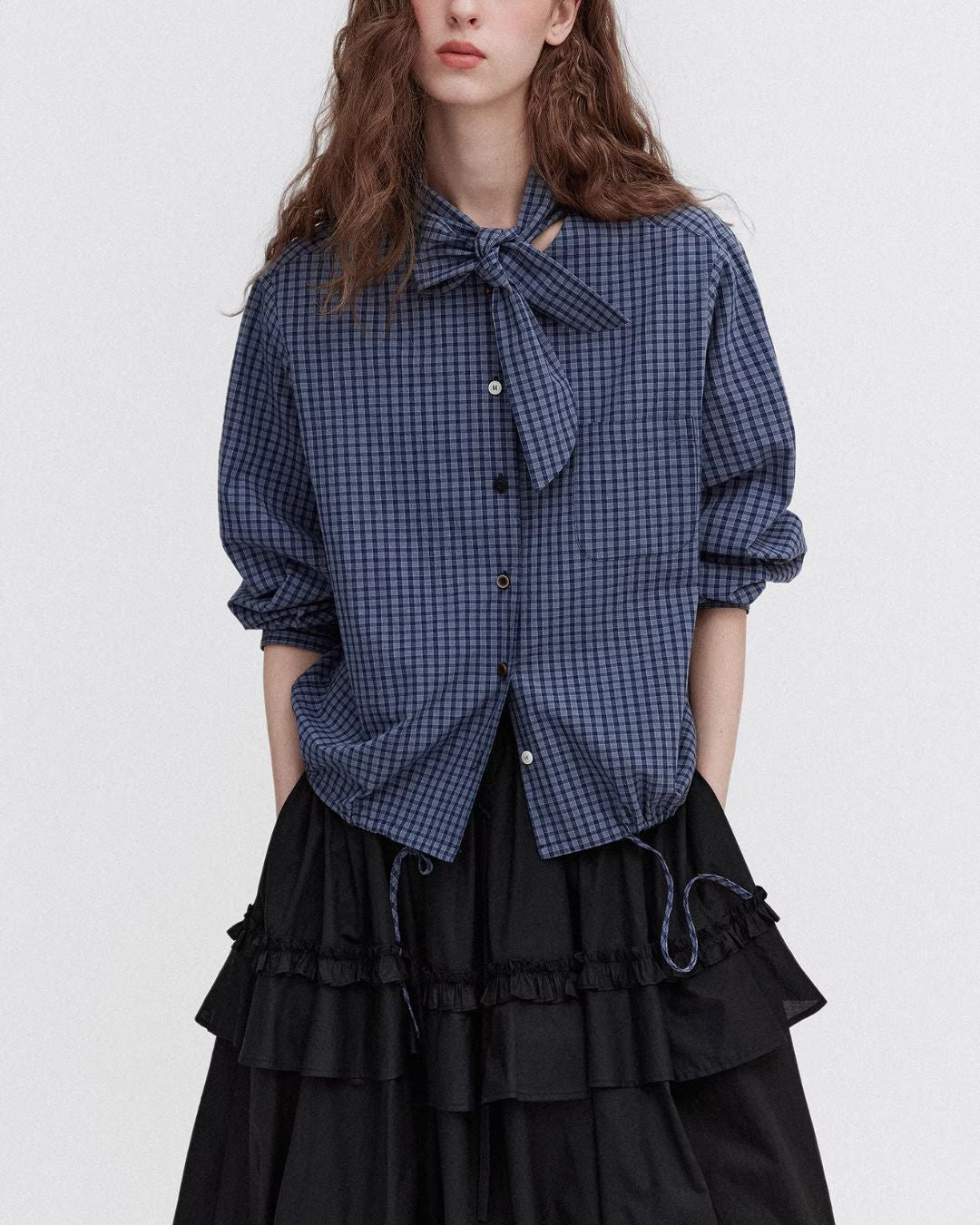 Bow Tie Ribbon Check Shirt　LS068