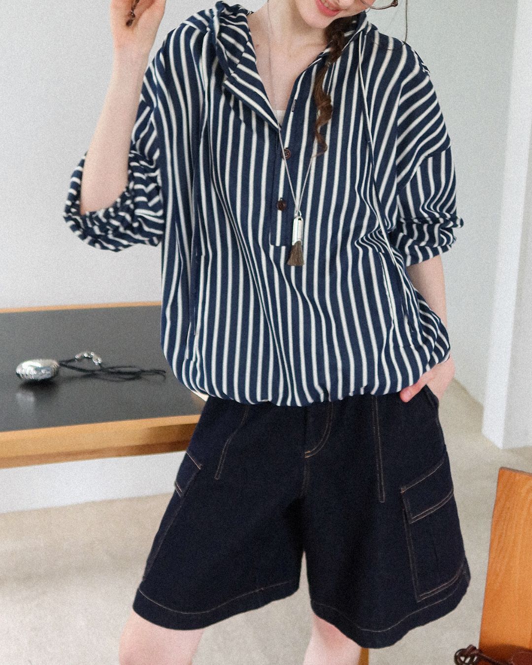 Striped ＆ Checked Hooded Shirt　LS010