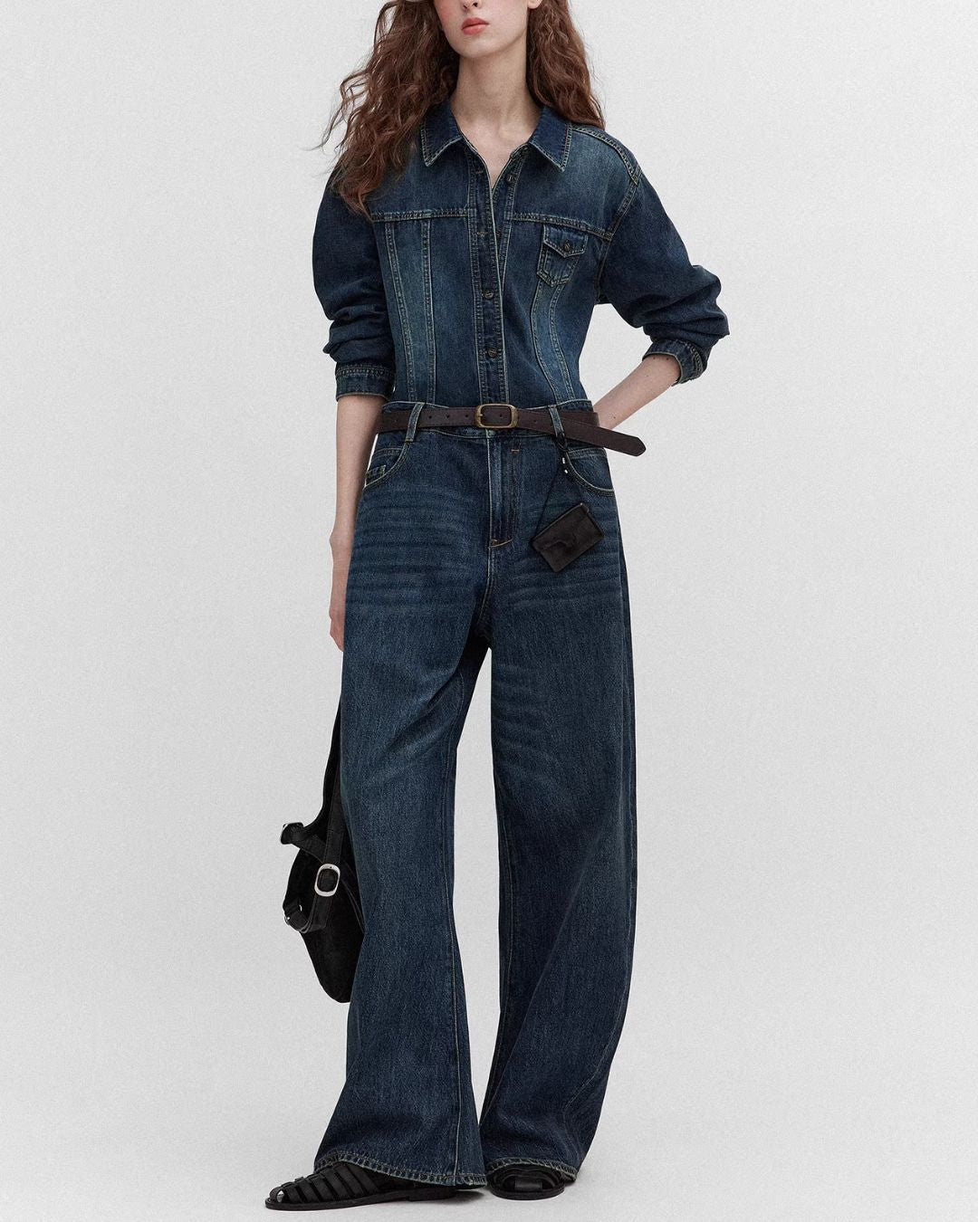 Washed Denim Shirt Jacket & Wide Denim Pants　JK091