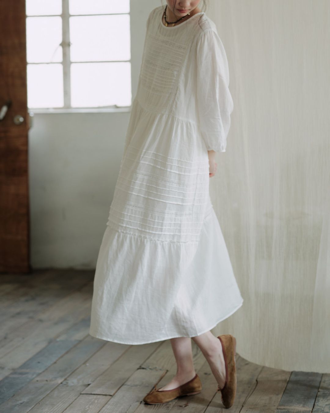 Round Neck 3/4 Sleeve Ramie Dress　OP004