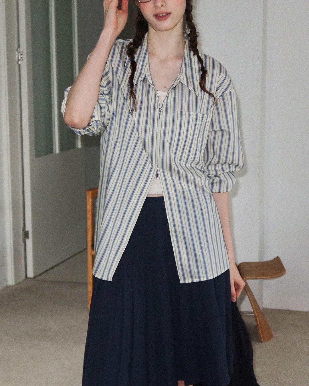 Double Zipper Striped Shirt　LS014