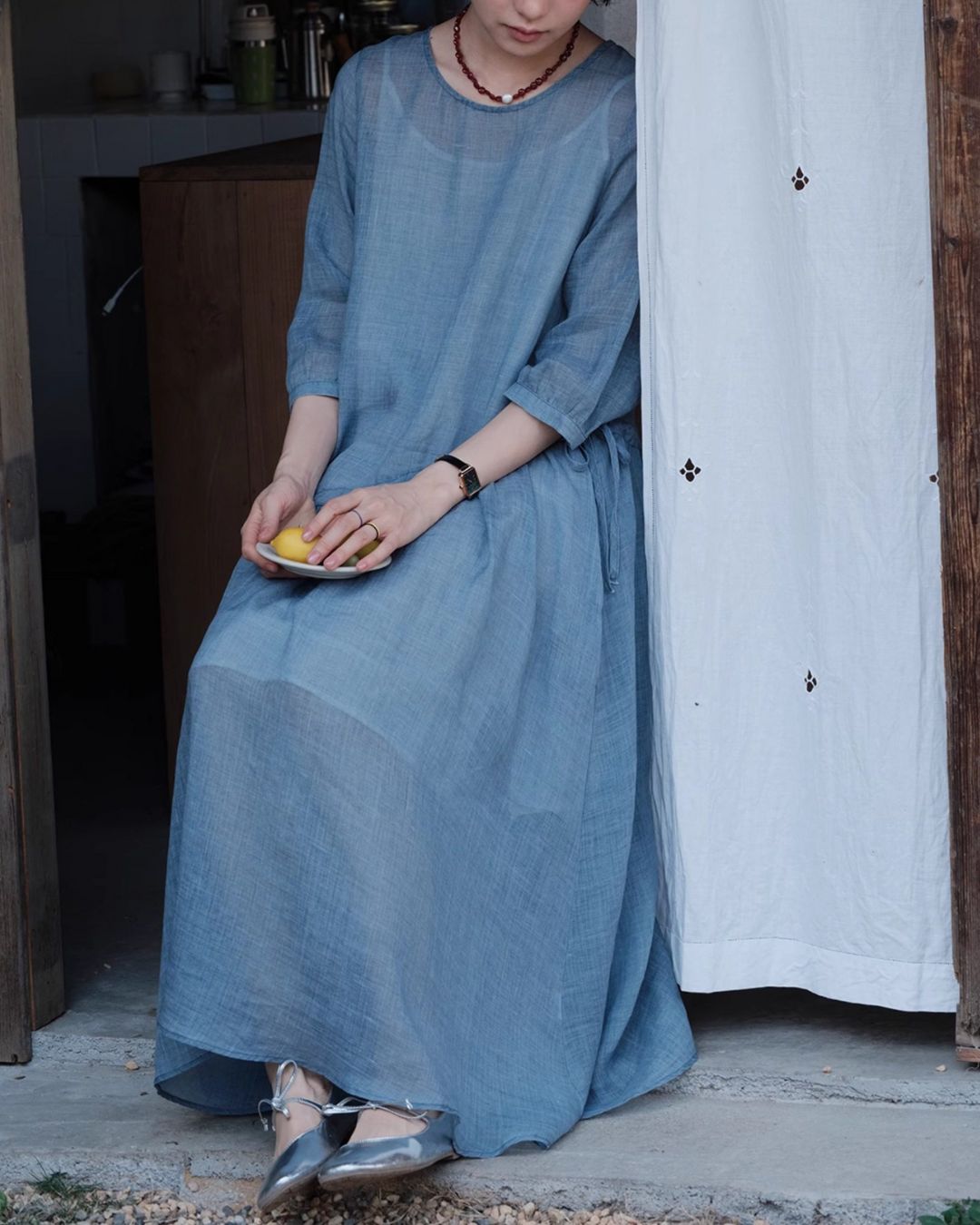 Ramie Drawstring A-Line Dress　OP005