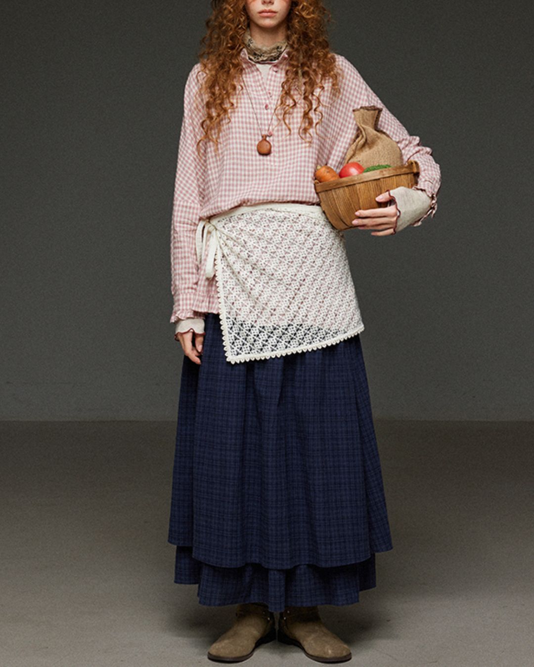 Pink Checked Ruffle Shirt　LS027