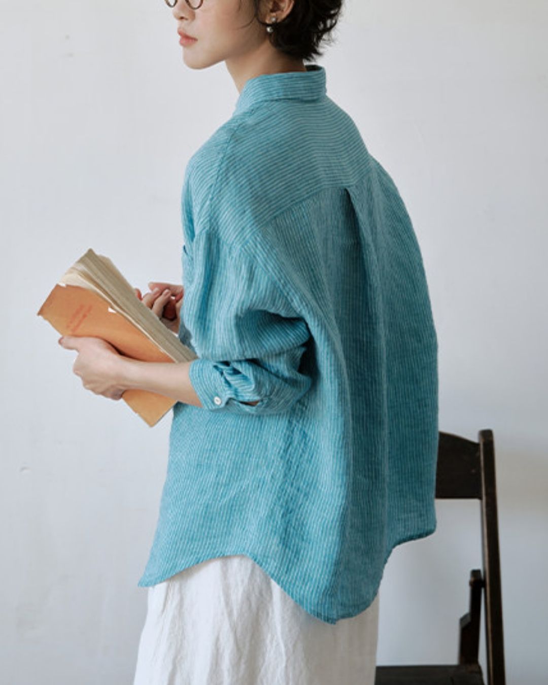 Drop Shoulder Striped Linen Shirt　LS042