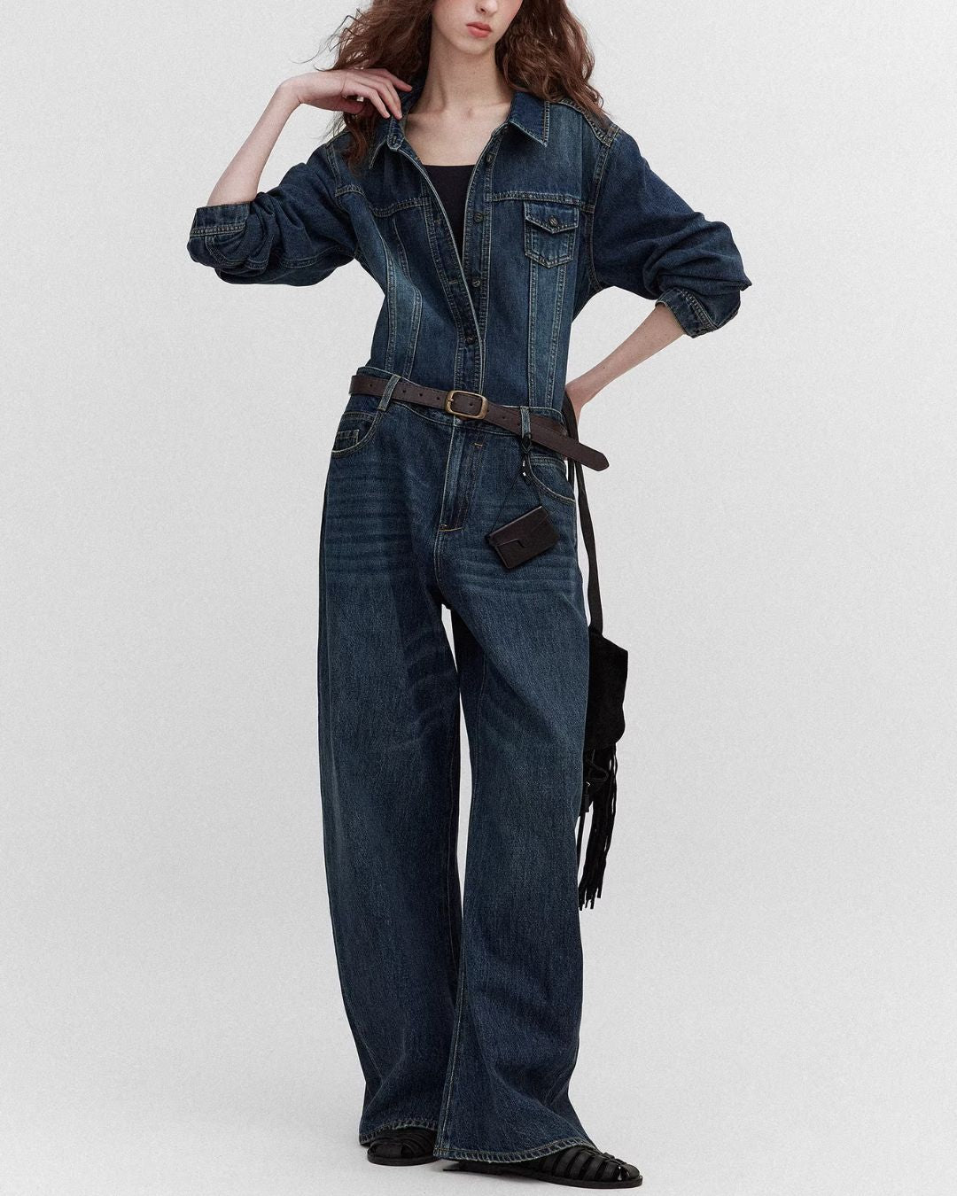 Washed Denim Shirt Jacket & Wide Denim Pants　JK091