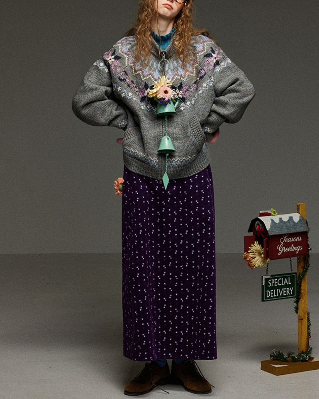 Retro Flower Corduroy Long Skirt　SK013