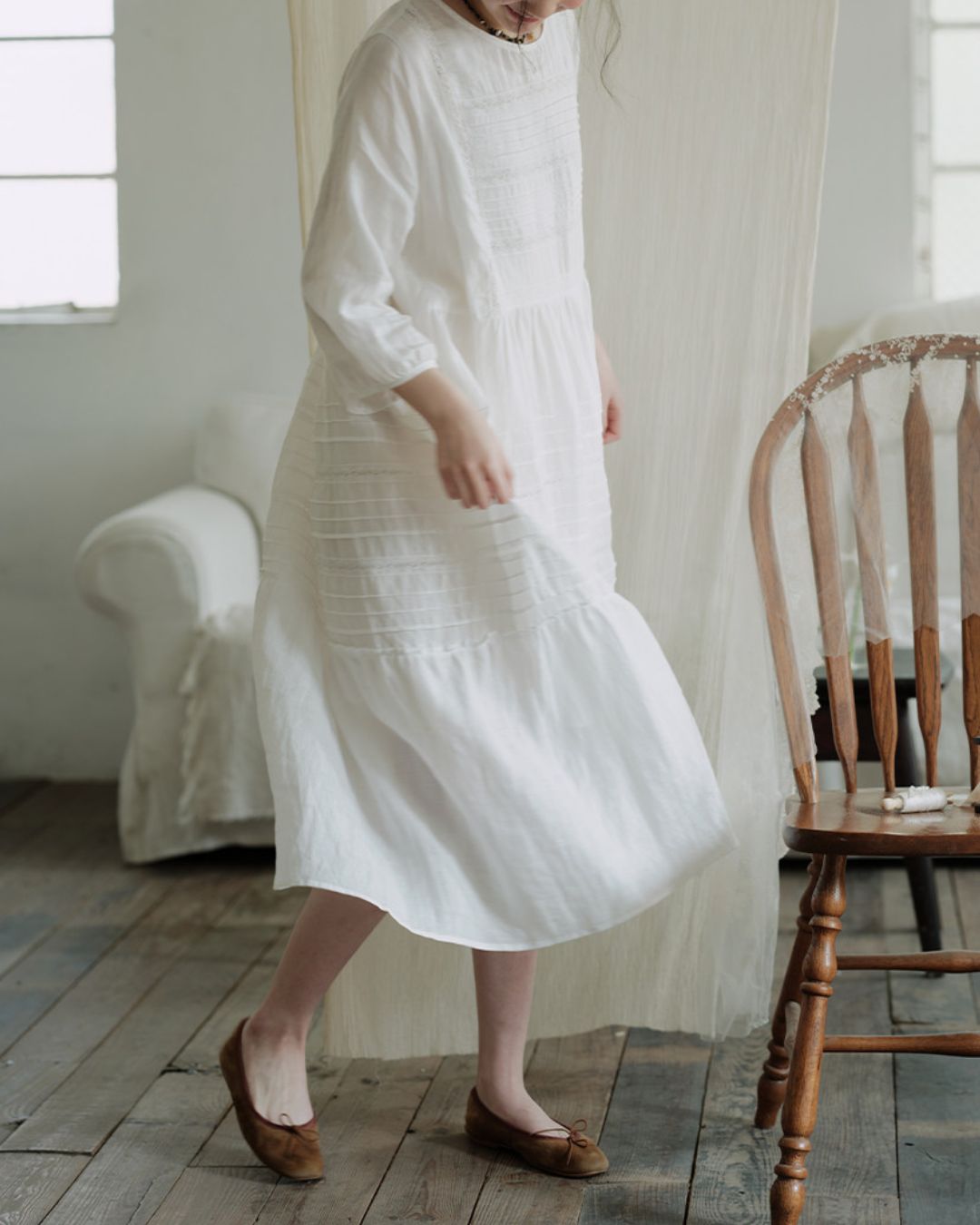 Round Neck 3/4 Sleeve Ramie Dress　OP004