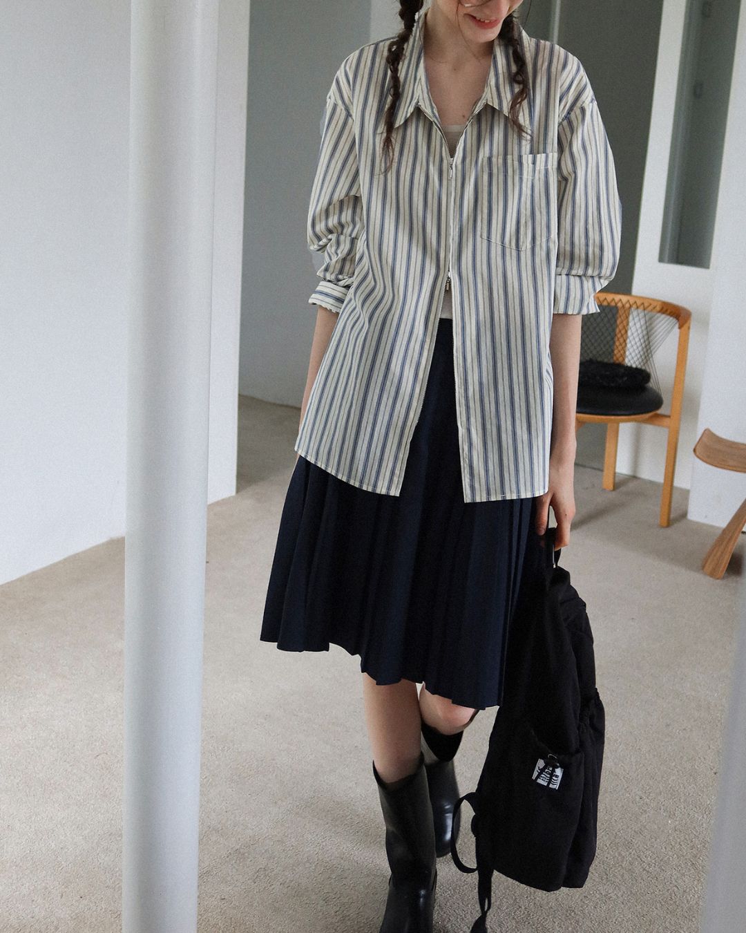 Double Zipper Striped Shirt　LS014