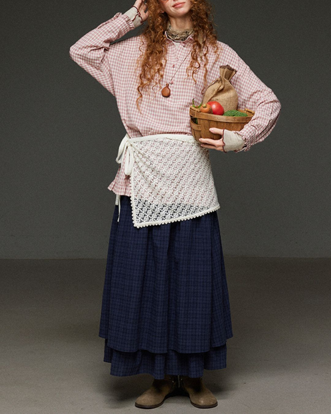 Pink Checked Ruffle Shirt　LS027