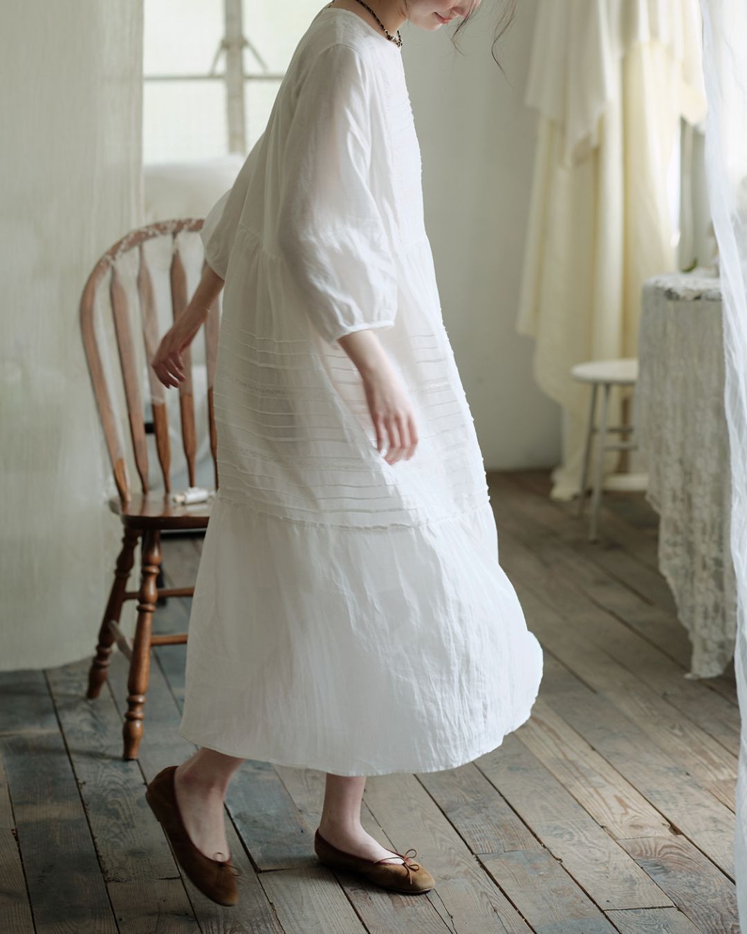 Round Neck 3/4 Sleeve Ramie Dress　OP004