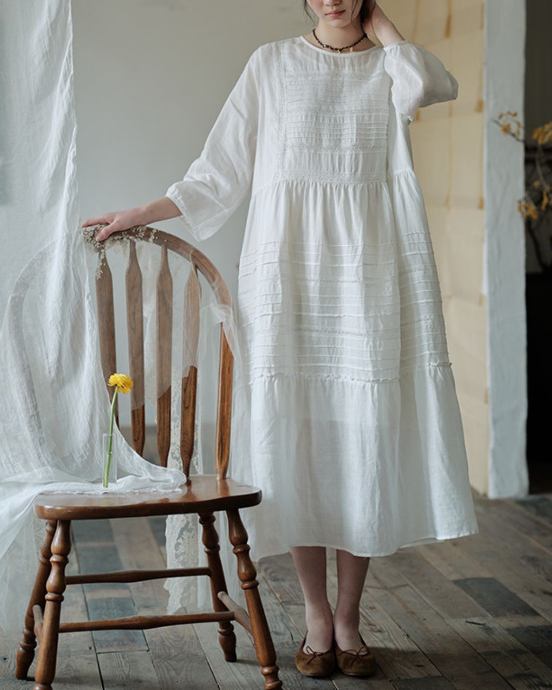 Round Neck 3/4 Sleeve Ramie Dress　OP004