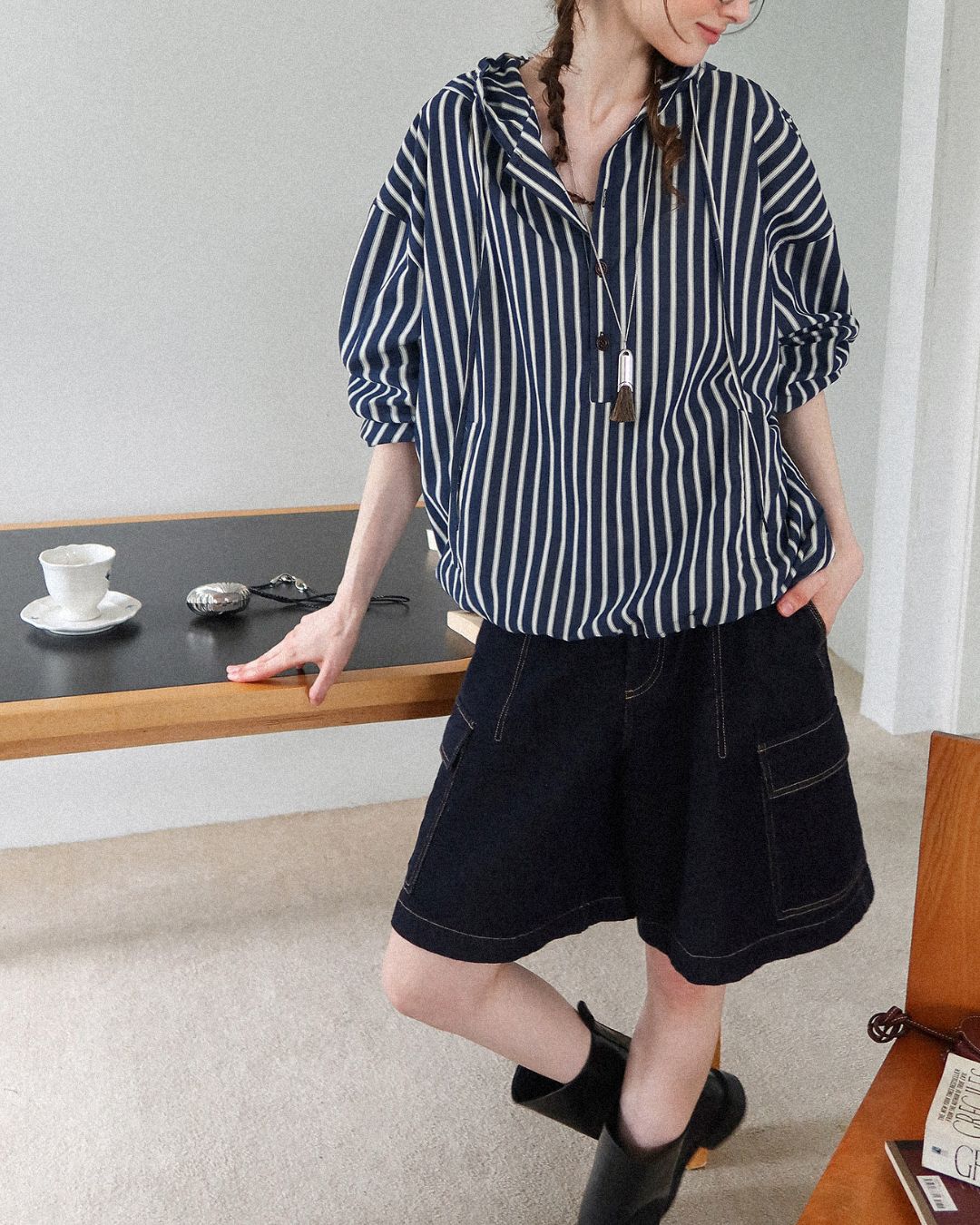 Striped ＆ Checked Hooded Shirt　LS010