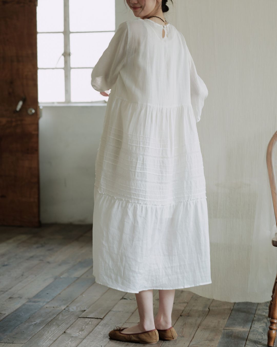 Round Neck 3/4 Sleeve Ramie Dress　OP004