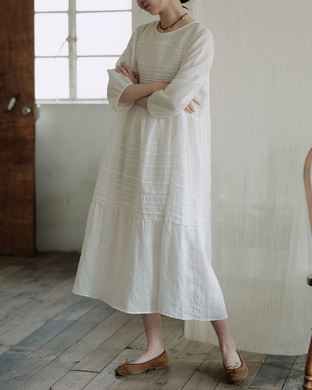 Round Neck 3/4 Sleeve Ramie Dress　OP004