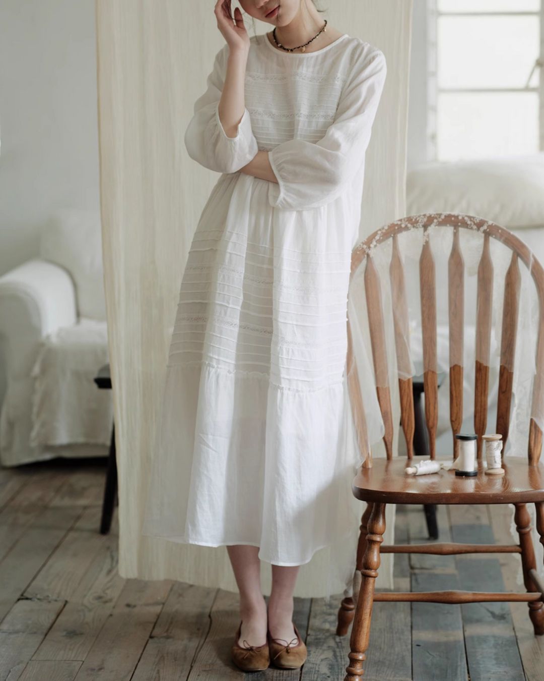 Round Neck 3/4 Sleeve Ramie Dress　OP004