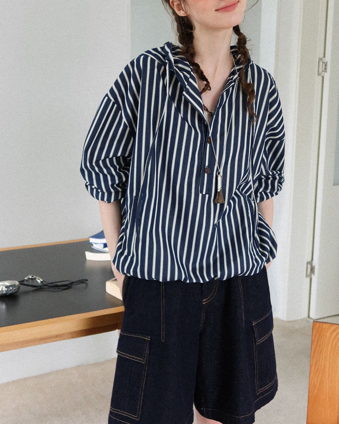 Striped ＆ Checked Hooded Shirt　LS010