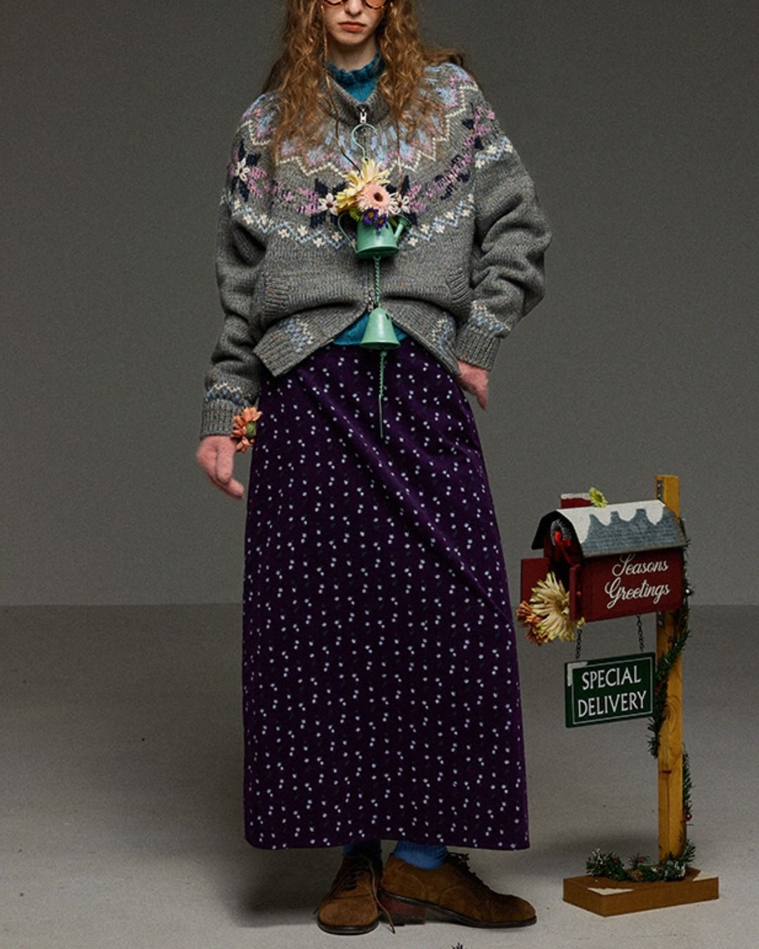 Retro Flower Corduroy Long Skirt　SK013