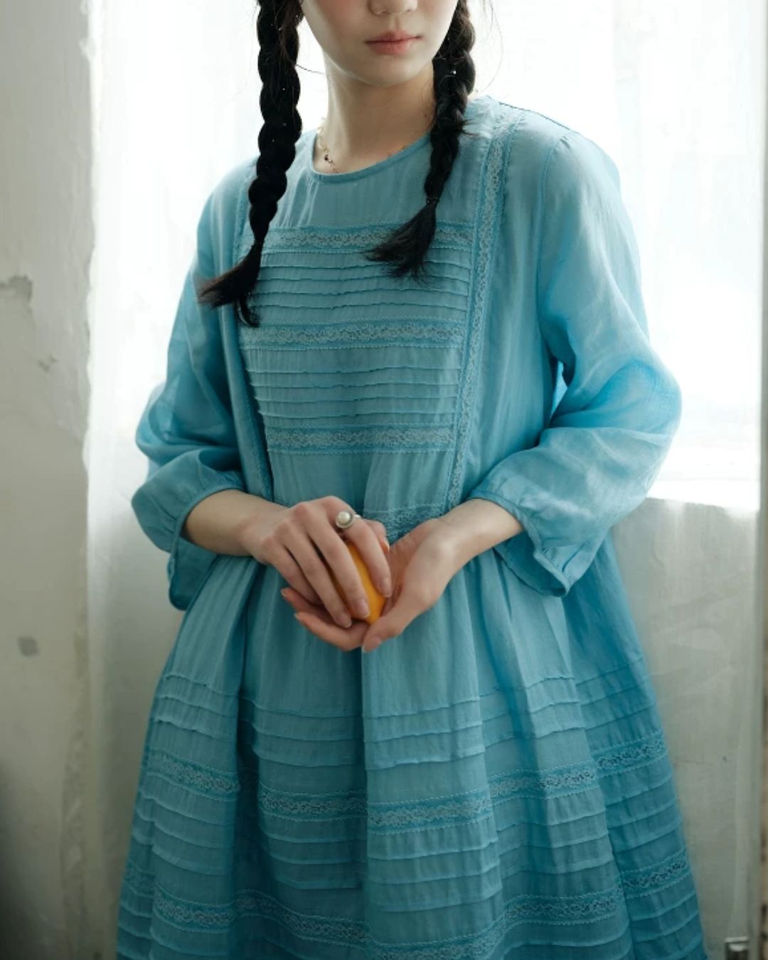 Round Neck 3/4 Sleeve Ramie Dress　OP004