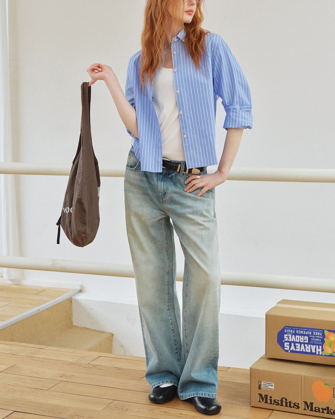 Blue Striped Cropped Shirt　LS052