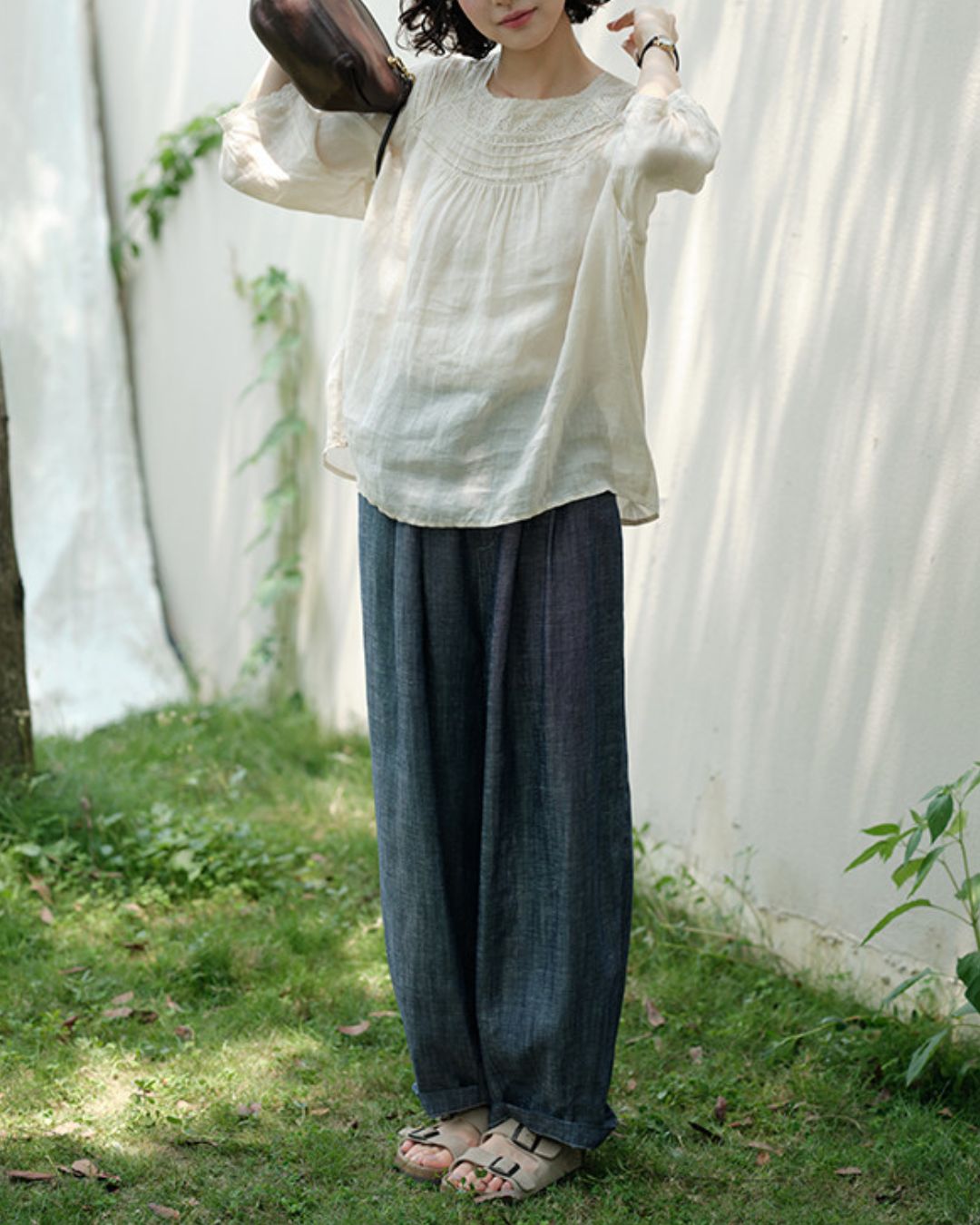 Lace Square Neck Ramie Shirt　LS062