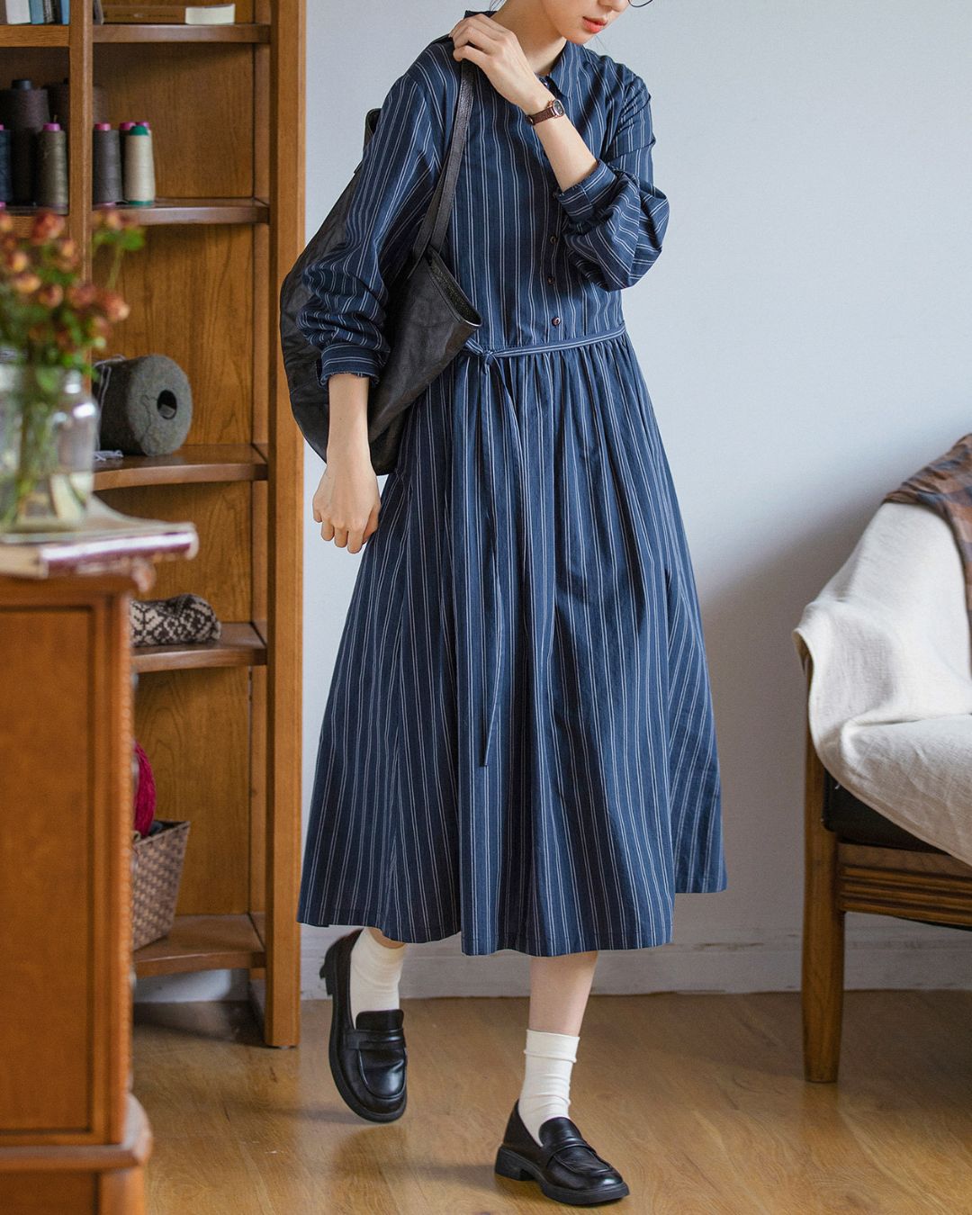 Striped Midi Shirt Dress　OP007