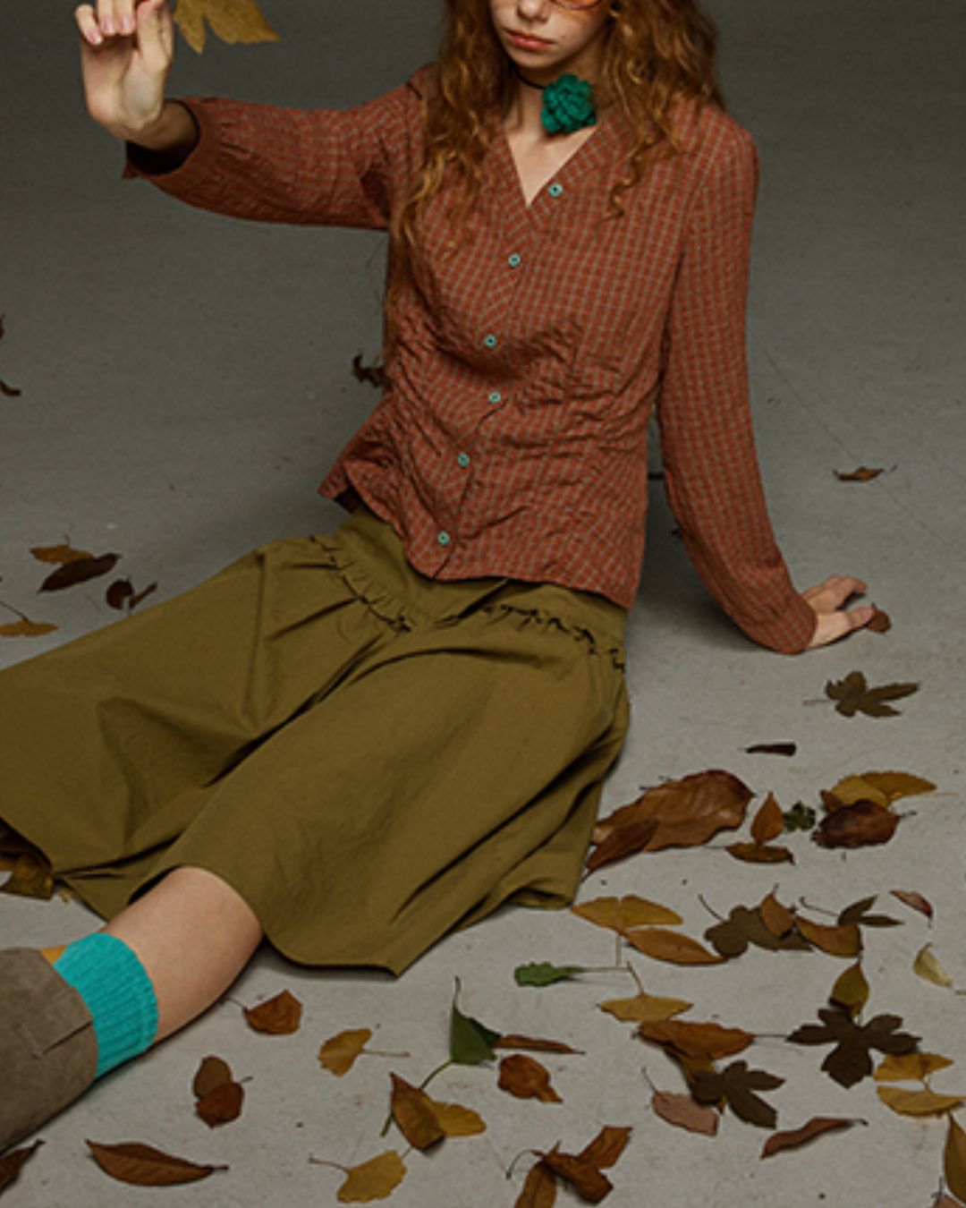 Check V-neck Shirred Shirt　LS028