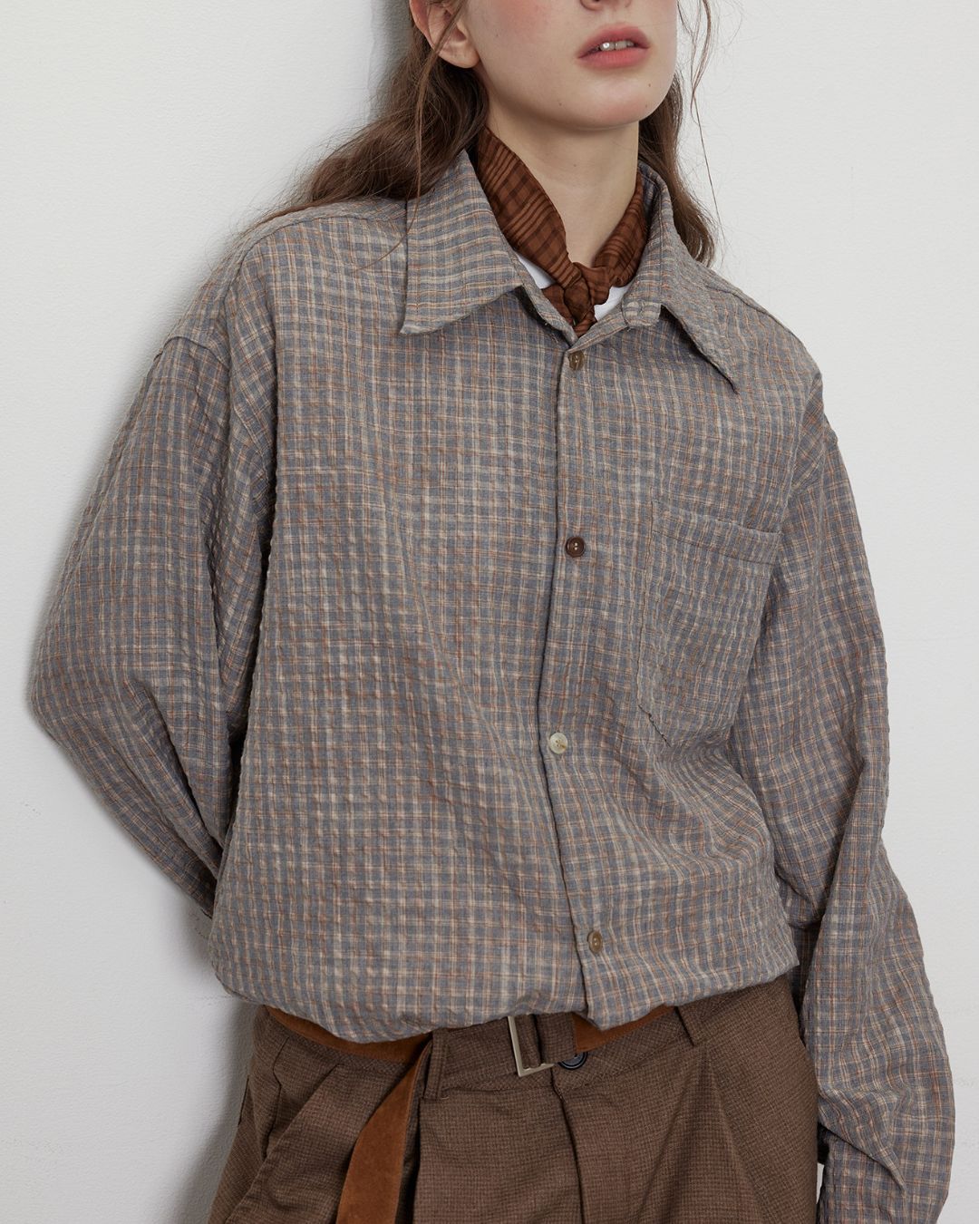 Gradient Button Gray-brown Check Shirt　LS048