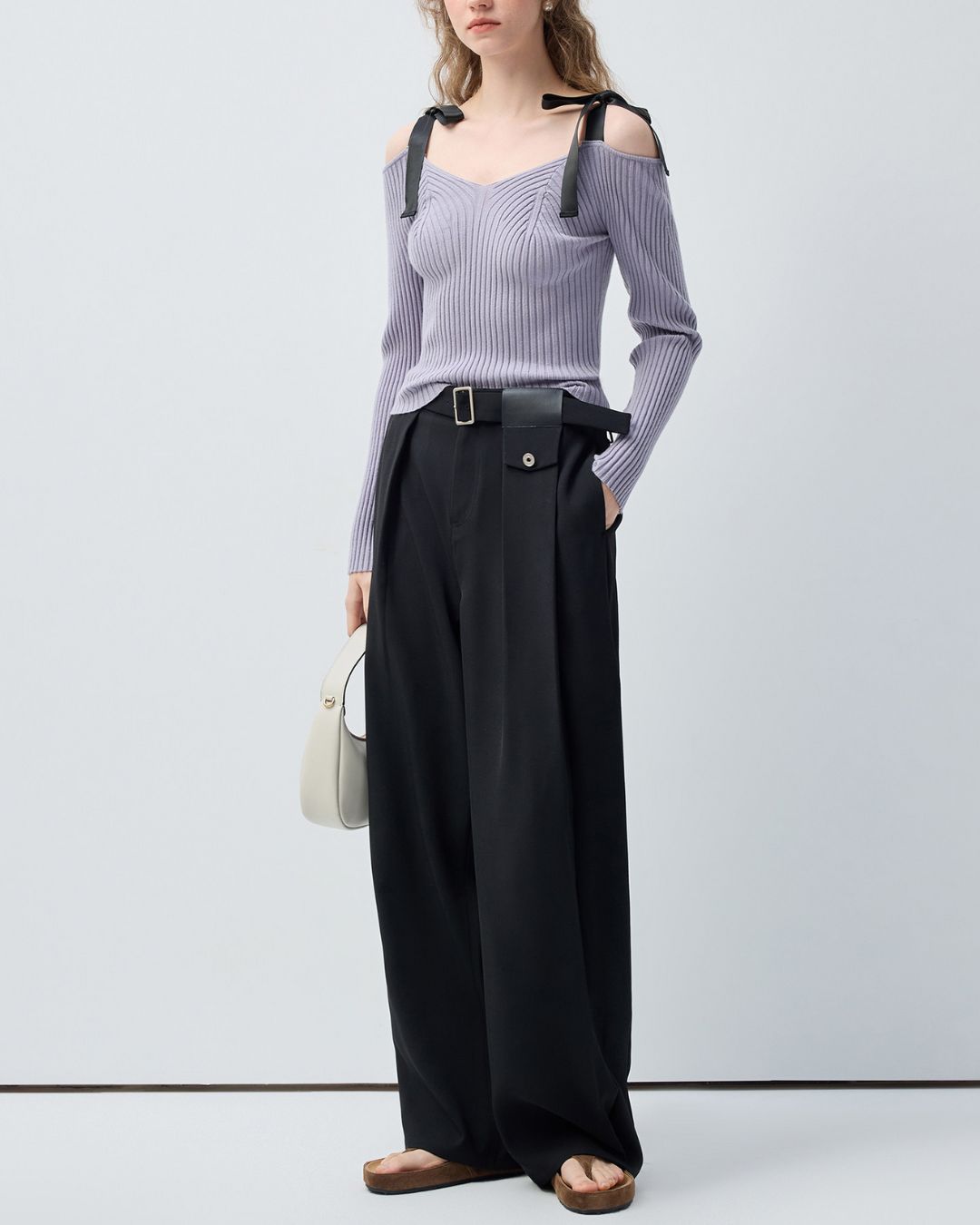 V-neck Off-the-shoulder Shoulder Strap Ribbon Knit　KN103