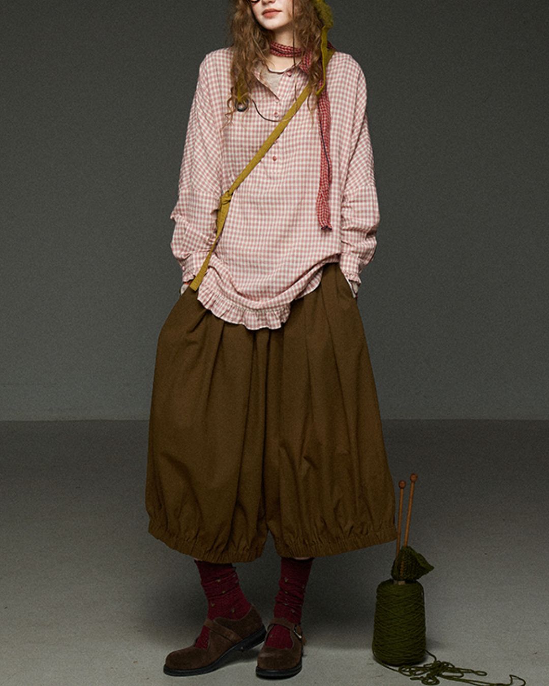 Pink Checked Ruffle Shirt　LS027