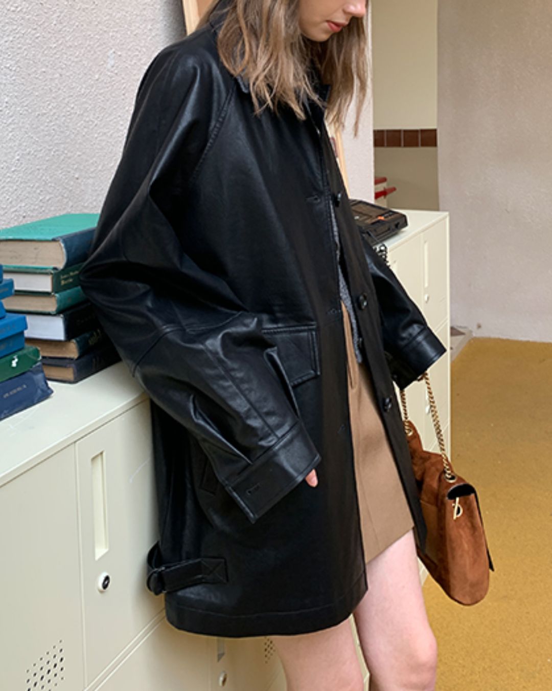 Mid-length Collared Leather Jacket　JK036