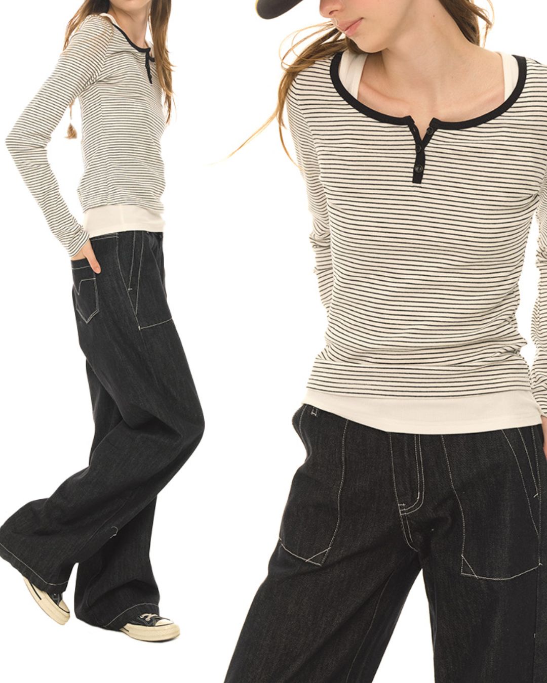 Henley Neck Border T-shirt　LT010