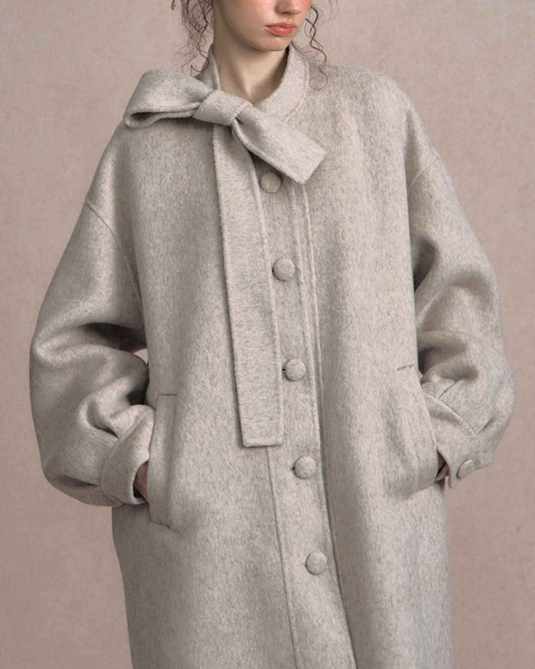 Bow-tied Pleated Cuff Wool Coat　CT026