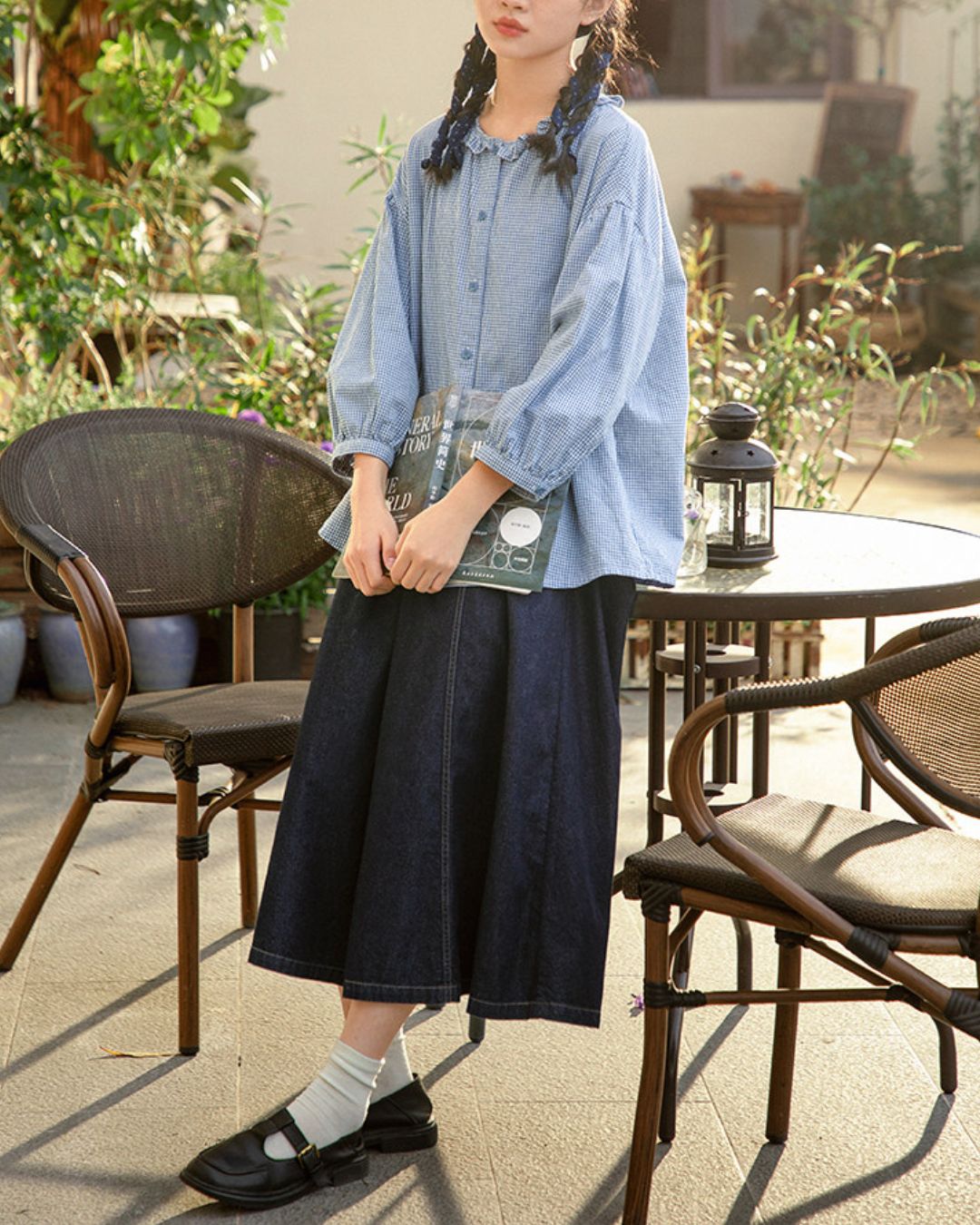 Frilled Collar Gingham Check Shirt　LS060
