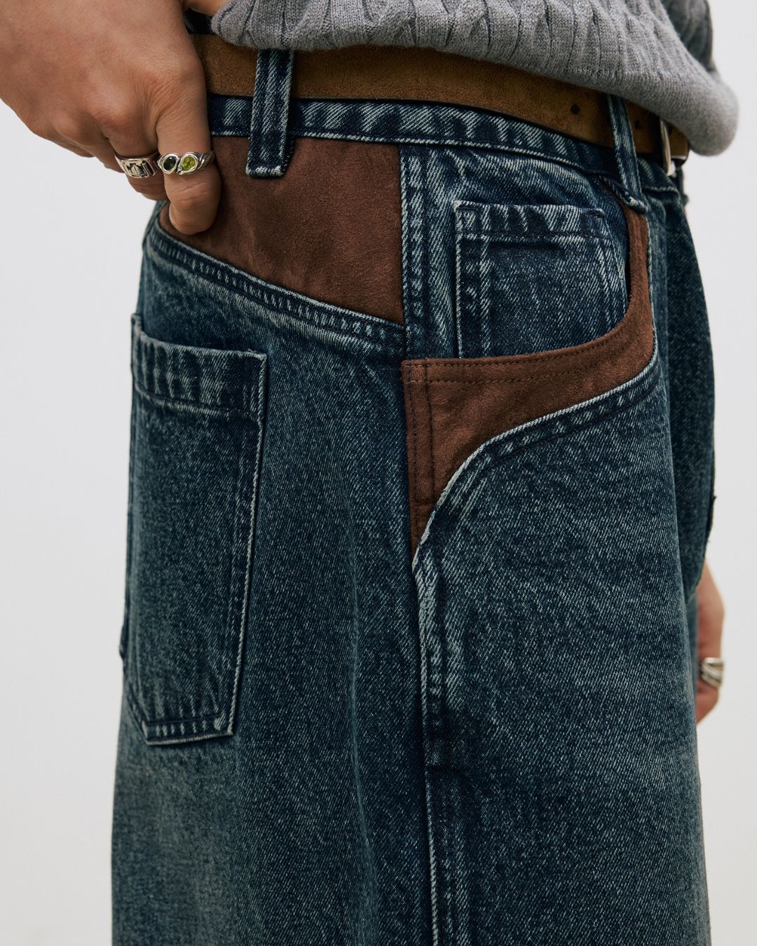 Suede Trim Vintage Denim Pants　DP016