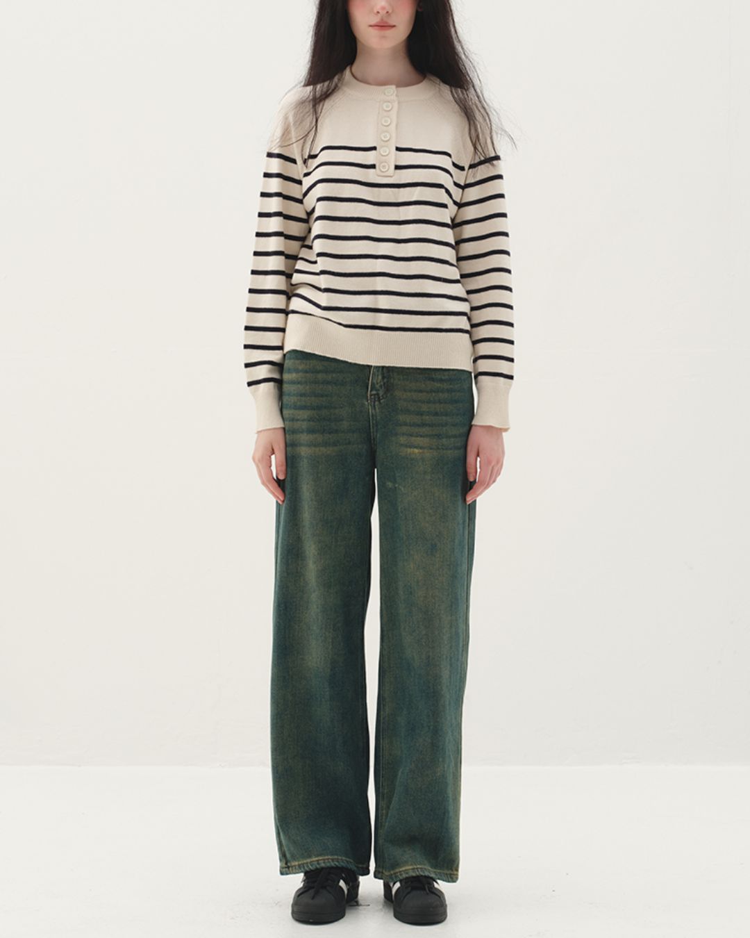 Half-button Border Sweater　KN002