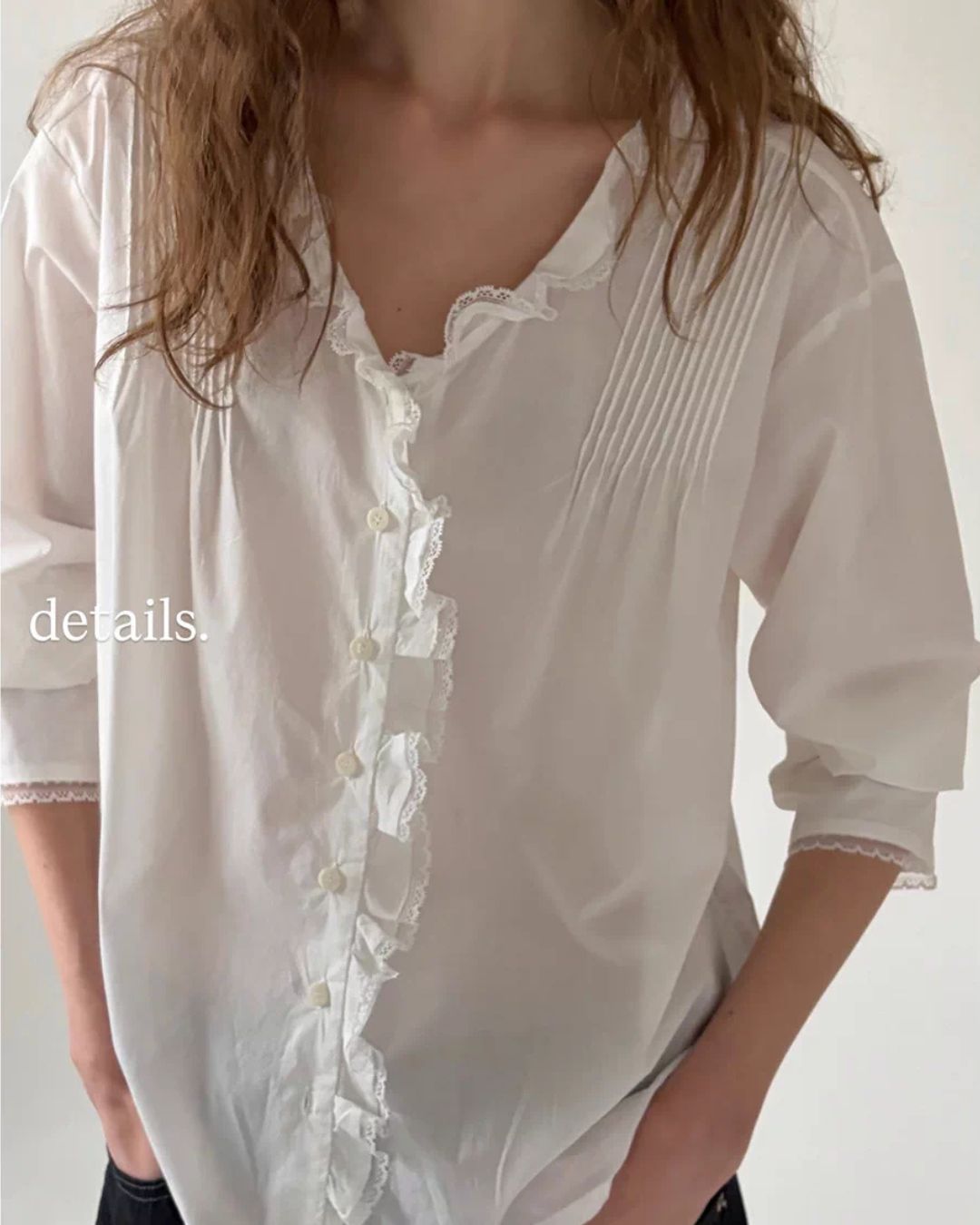 Frilled V-neck Lace Embroidered Shirt　LS067
