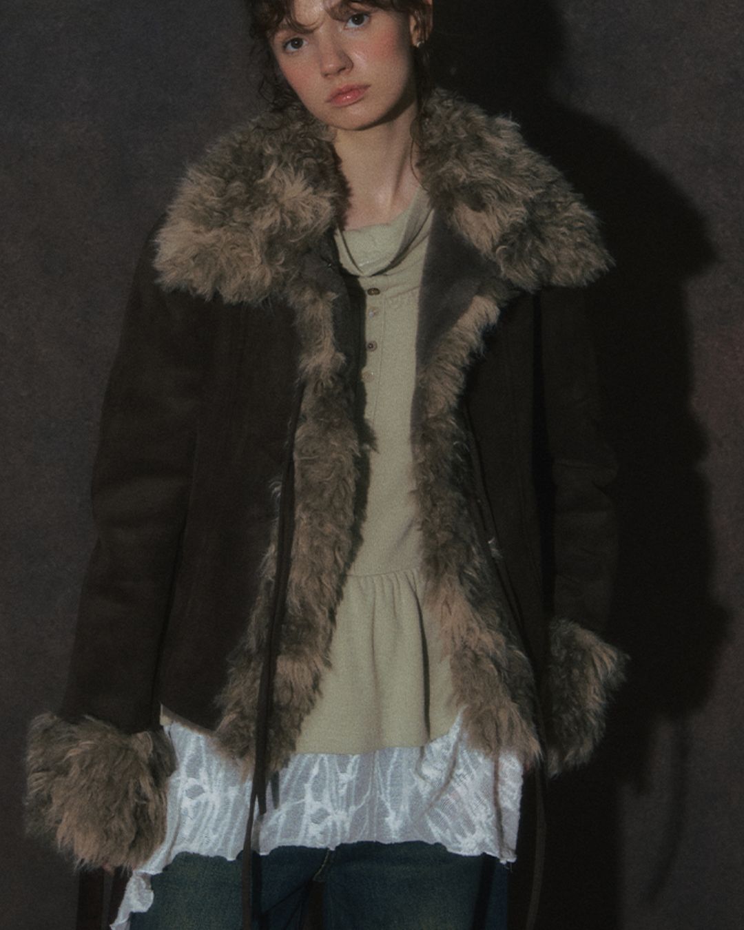 Ribbon-tied Fur Suede Jacket　JK066